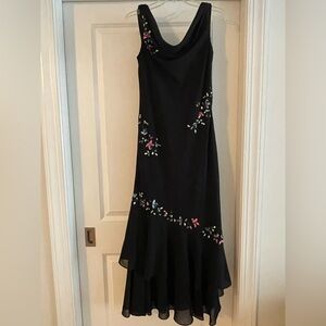 Elegant Asymmetrical Black Dress with Floral Sequins Accents
